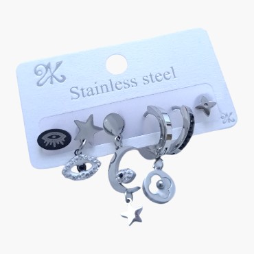 Zirkon Taşlı Gümüş Renk 6'lı Ay Yıldız Küpe Seti 1