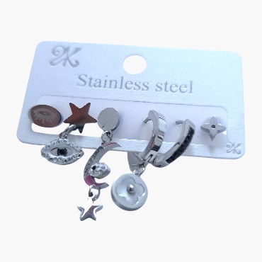 Zirkon Taşlı Gümüş Renk 6'lı Ay Yıldız Küpe Seti 1