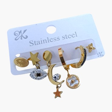 Zirkon Taşlı Gold Renk 6'lı Ay Yıldız Küpe Seti 1