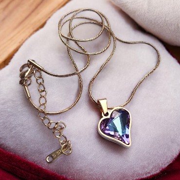 Zirkon Taşlı Paslanmaz Çelik Altın Renk Mor & Pembe Kristal Kalp Kolye 1