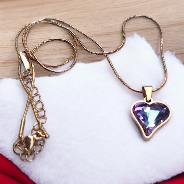 Zirkon Taşlı Paslanmaz Çelik Altın Renk Mor & Pembe Kristal Kalp Kolye 3