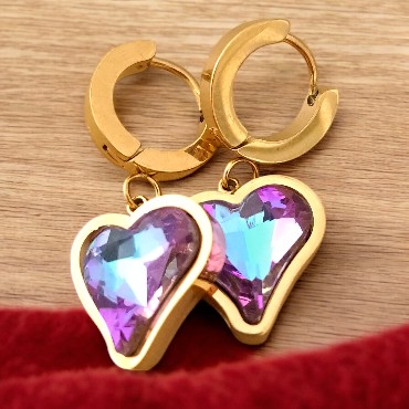 316L Paslanmaz Çelik Altın Renk Zirkon Taşlı Kalpli Küpe 2